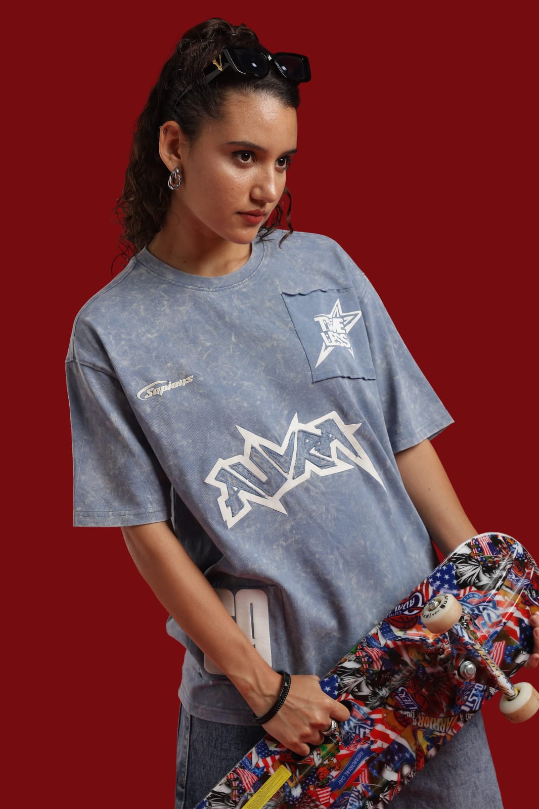 AURA WASHED OVERSIZED ICE BLUE COLOUR T SHIRT